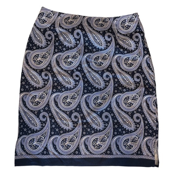 Liz Claiborne Dresses & Skirts - Liz Claiborne Navy Blue Paisley Cotton Pencil Skirt Size 12 Knee Length Slit